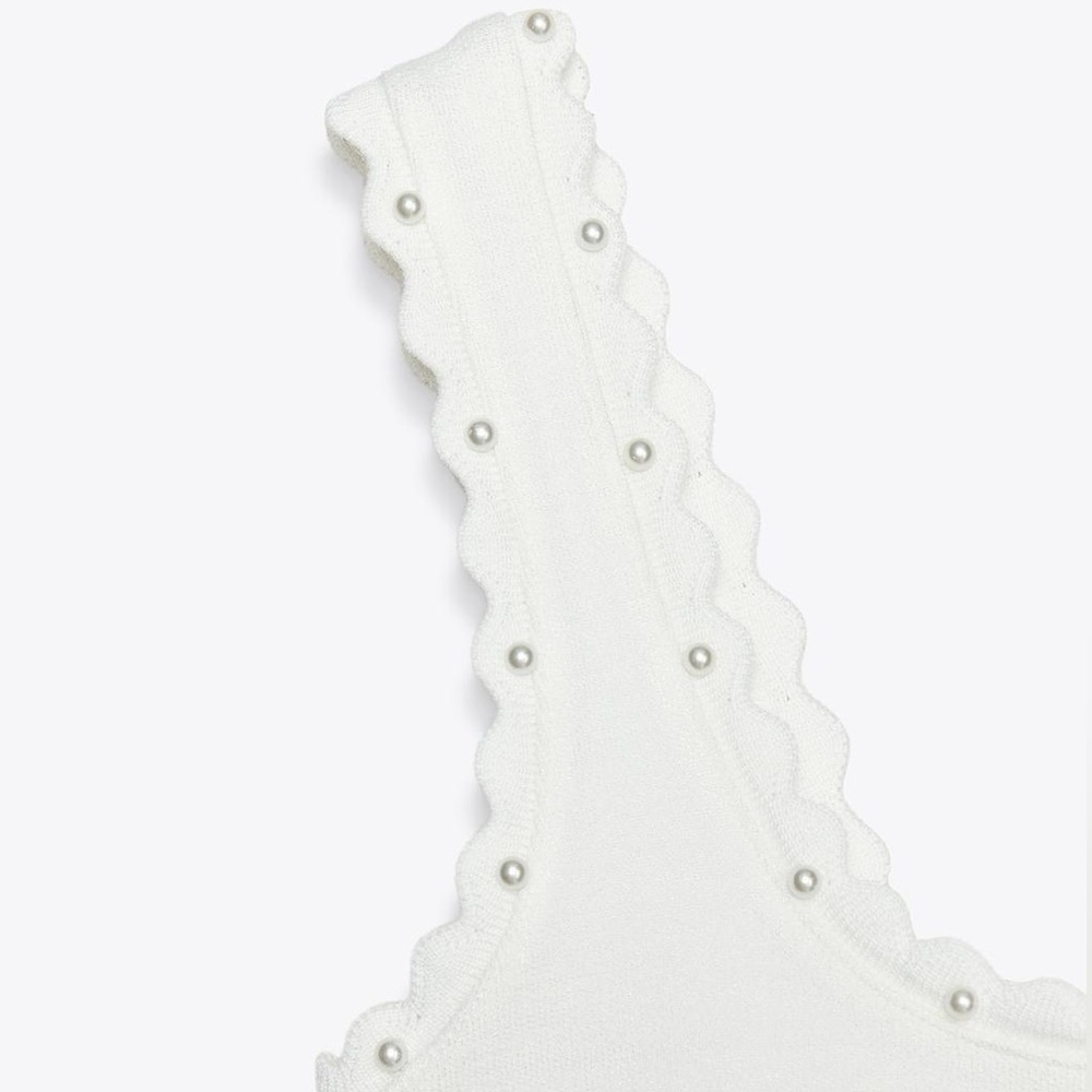 Zara NWT Oyster White Knit Crop Top w/ Faux Pearl Details (Size Small) - Picture 6 of 8
